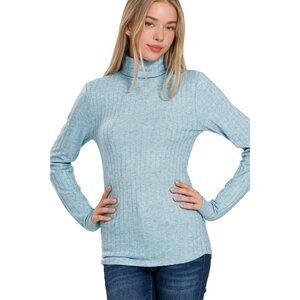Zenana Dusty Teal Ribbed Long Sleeve Turtle Neck Top NEW